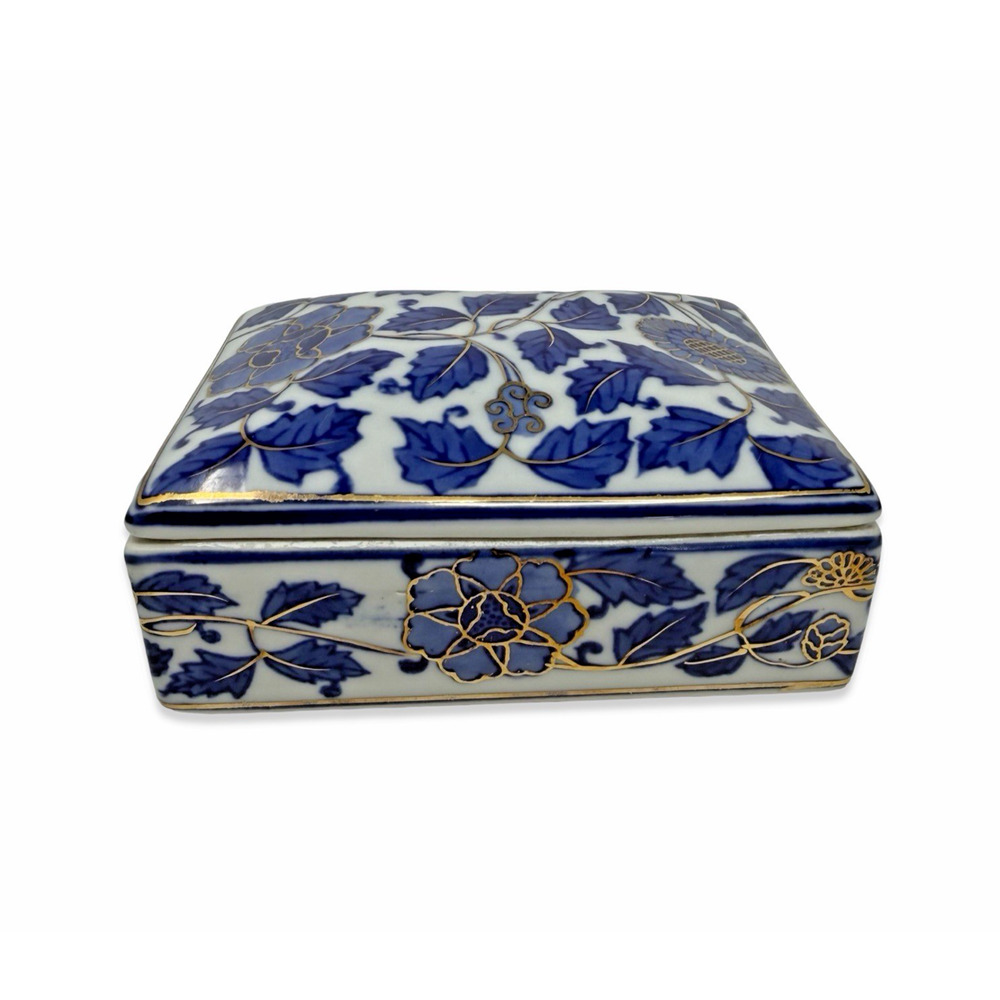 Vintage Blue White Floral Porcelain Trinket Box Gold Detail Lidded Jewelry Box - Picture 3 of 16